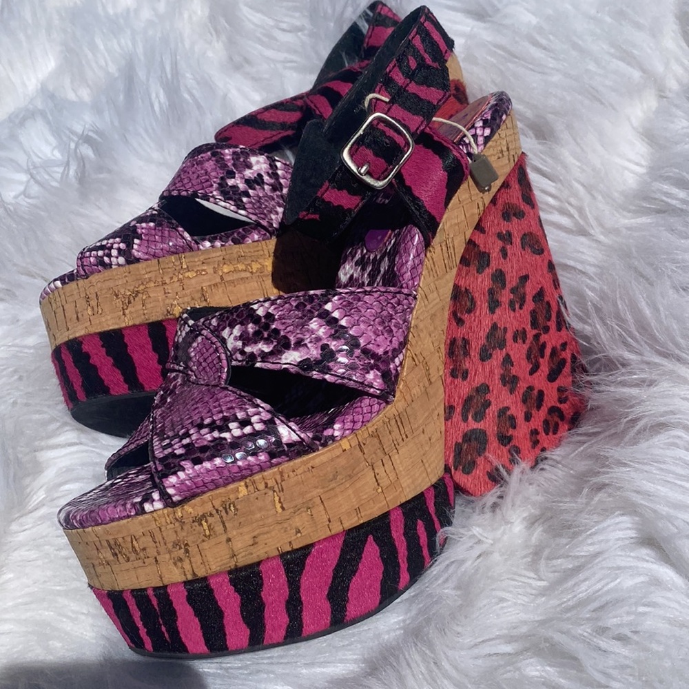 Jeffrey Campbell • Leather Kitsch Colorful Animal Print Cork Wedges - Picture 4 of 10